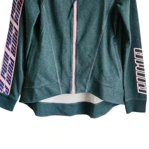 Puma Green Zip Sweatshirt | Women’s M | Pink Accents, Hi-Low Hem, Branded Sleeve - Picture 3 of 13